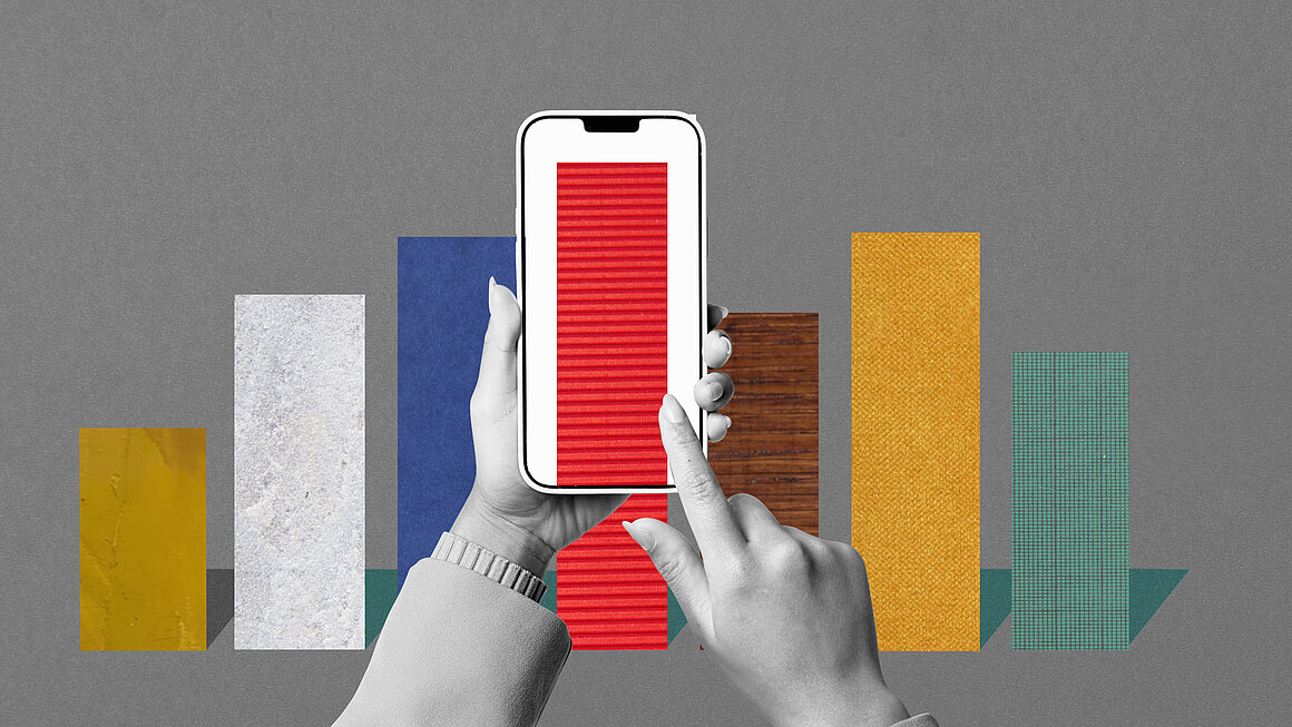 Conceptual image of man using smartphone to view bar graph