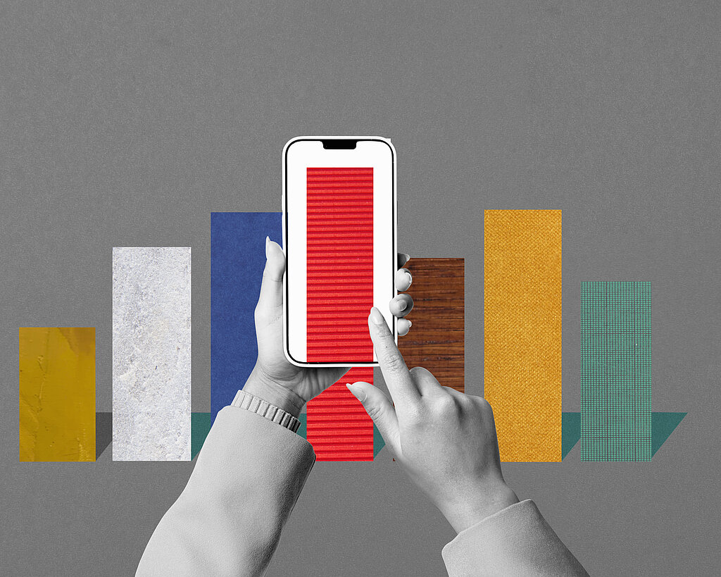 Conceptual image of man using smartphone to view bar graph