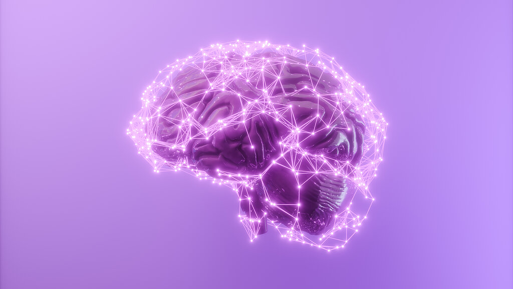 3D Human Brain With Connection Dots And Plexus Lines. Artificial Intelligence And Deep Learning Concept. 3D Rendering