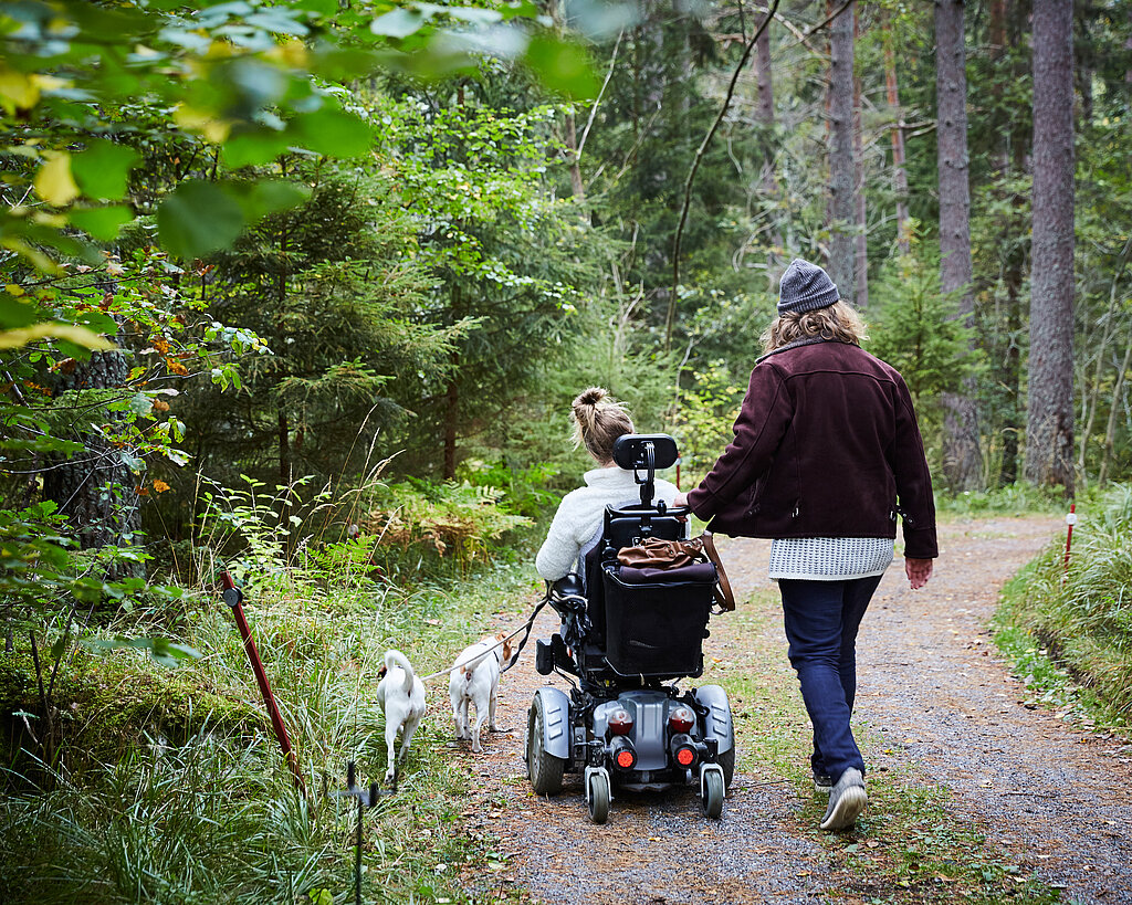 Rollstuhlfahrerin mit  Begleitung und Hunden im Wald.