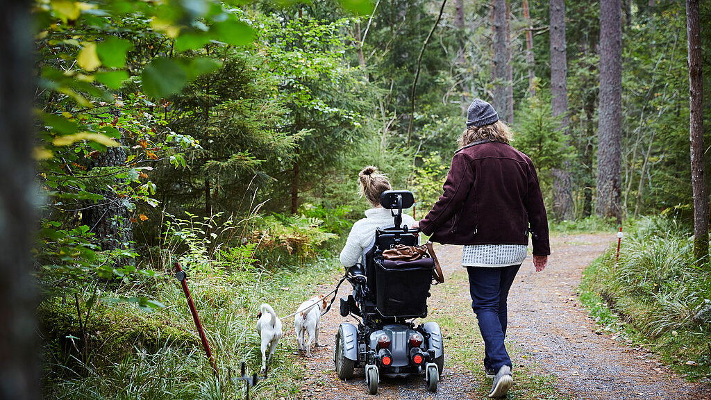 Rollstuhlfahrerin mit  Begleitung und Hunden im Wald.