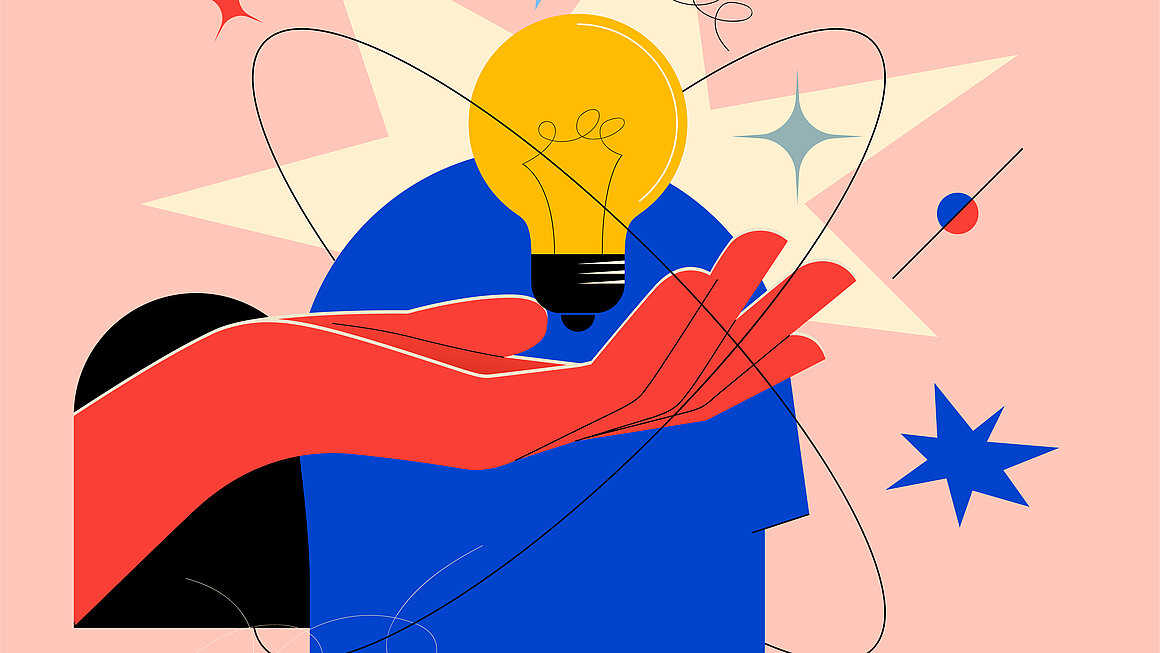 Creative mind or brainstorm or creative idea concept with abstract human head silhouette and hand holding bulb lamp surrounded abstract geometric shapes in bright colors. Vector illustration