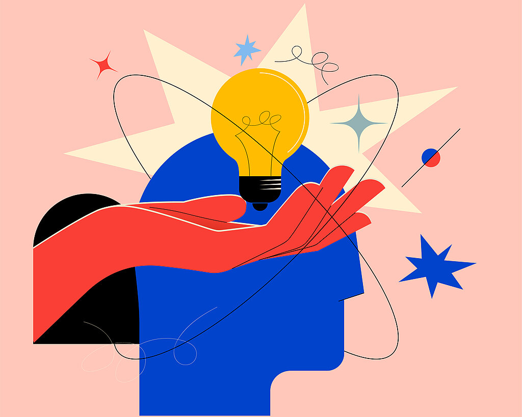 Creative mind or brainstorm or creative idea concept with abstract human head silhouette and hand holding bulb lamp surrounded abstract geometric shapes in bright colors. Vector illustration