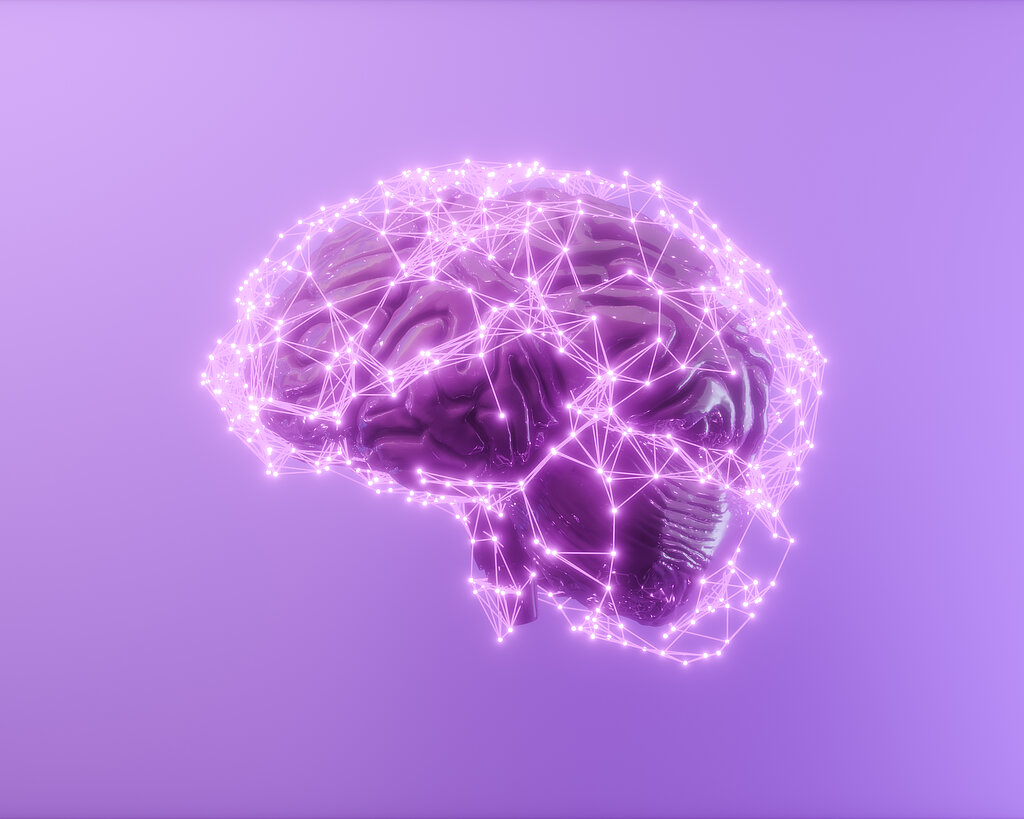 3D Human Brain With Connection Dots And Plexus Lines. Artificial Intelligence And Deep Learning Concept. 3D Rendering